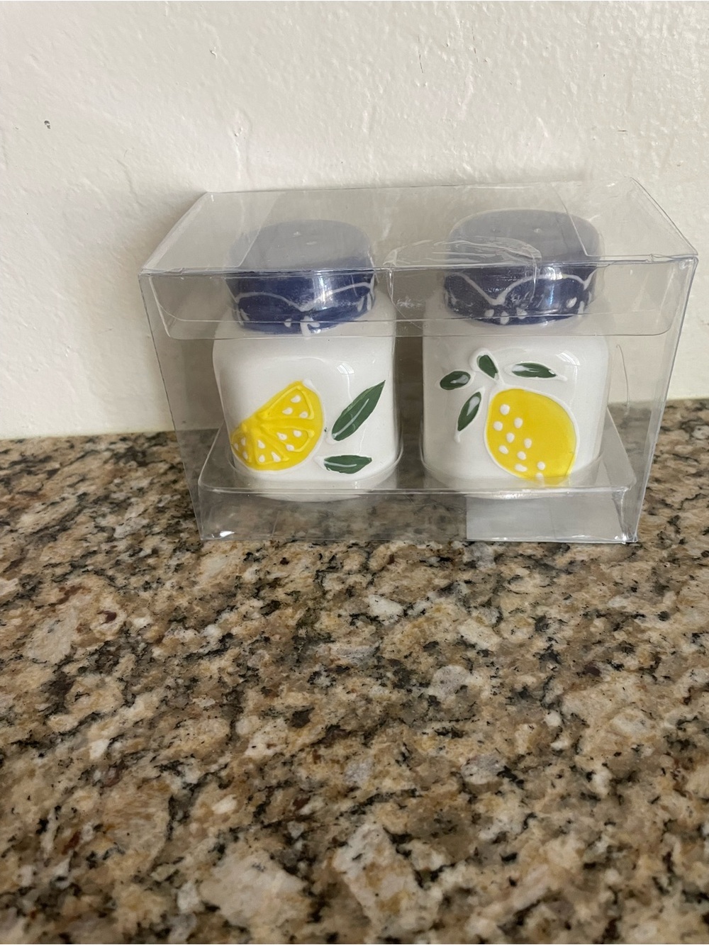 Ceramic Lemon Salt and Pepper Shakers - Blue Lids